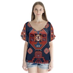 Armenian Old Carpet  V-neck Flutter Sleeve Top by Gohar