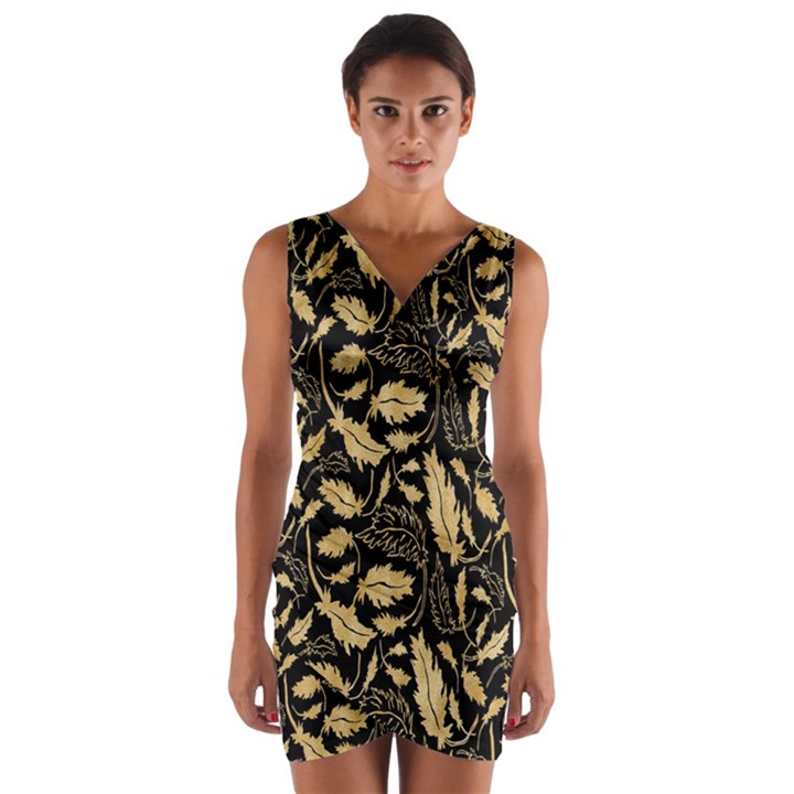 Natura Premium Golden Leaves Wrap Front Bodycon Dress