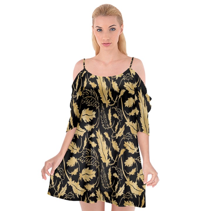 Natura Premium Golden Leaves Cutout Spaghetti Strap Chiffon Dress