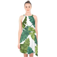 Banana Leaves Tropical Halter Collar Waist Tie Chiffon Dress by ConteMonfrey