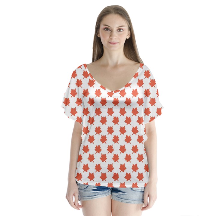 Maple Leaf   V-Neck Flutter Sleeve Top