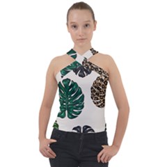 Colorful Monstera  Cross Neck Velour Top