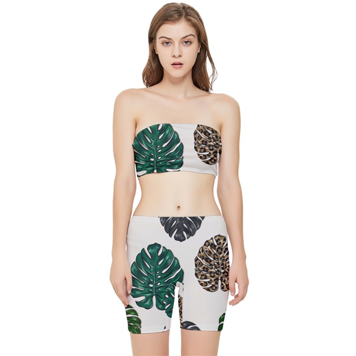 Colorful Monstera  Stretch Shorts and Tube Top Set