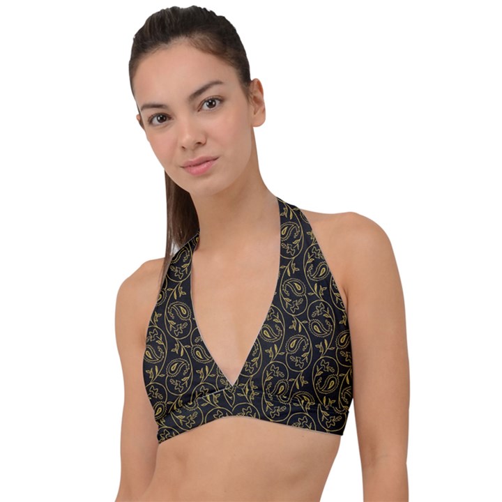 Classy Golden Leaves   Halter Plunge Bikini Top