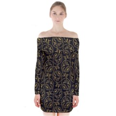 Classy Golden Leaves   Long Sleeve Off Shoulder Dress by ConteMonfrey