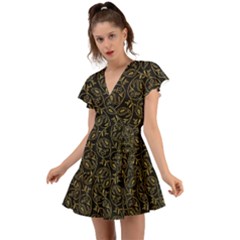 Classy Golden Leaves   Flutter Sleeve Wrap Dress by ConteMonfrey