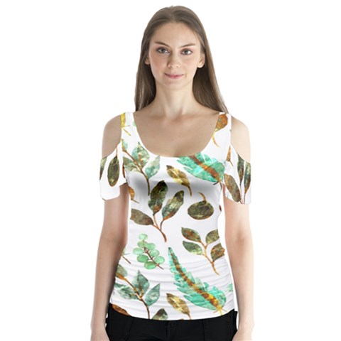 Leaves And Feathers - Nature Glimpse Butterfly Sleeve Cutout Tee  by ConteMonfrey