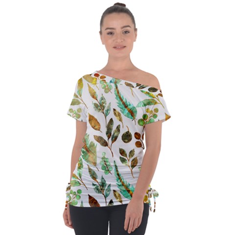 Leaves And Feathers - Nature Glimpse Off Shoulder Tie-up Tee by ConteMonfrey