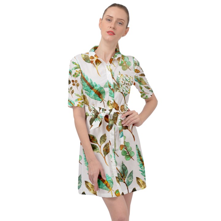 Leaves And Feathers - Nature Glimpse Belted Shirt Dress