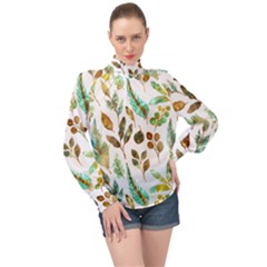 Leaves And Feathers - Nature Glimpse High Neck Long Sleeve Chiffon Top by ConteMonfrey