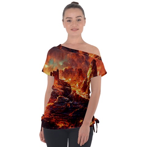 Vulcanic Landscape Vulcano Nature Off Shoulder Tie-up Tee by Wegoenart