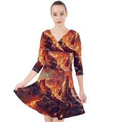 Vulcanic Landscape Vulcano Nature Quarter Sleeve Front Wrap Dress by Wegoenart