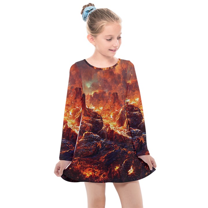 Vulcanic Landscape Vulcano Nature Kids  Long Sleeve Dress