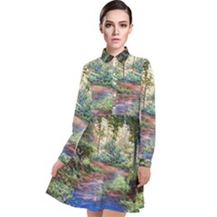 Abstract Forest Green Jungle Psychedelic Art Nature Long Sleeve Chiffon Shirt Dress by Wegoenart