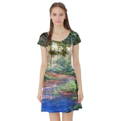 Abstract Forest Green Jungle Psychedelic Art Nature Short Sleeve Skater Dress by Wegoenart