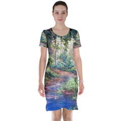 Abstract Forest Green Jungle Psychedelic Art Nature Short Sleeve Nightdress by Wegoenart