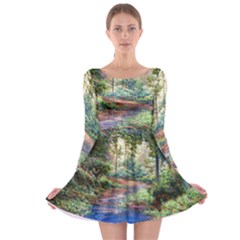 Abstract Forest Green Jungle Psychedelic Art Nature Long Sleeve Skater Dress by Wegoenart