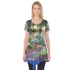 Abstract Forest Green Jungle Psychedelic Art Nature Short Sleeve Tunic  by Wegoenart