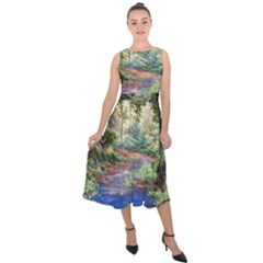 Abstract Forest Green Jungle Psychedelic Art Nature Midi Tie-back Chiffon Dress by Wegoenart