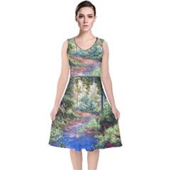 Abstract Forest Green Jungle Psychedelic Art Nature V-neck Midi Sleeveless Dress  by Wegoenart