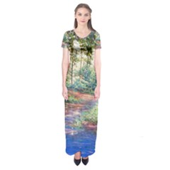 Abstract Forest Green Jungle Psychedelic Art Nature Short Sleeve Maxi Dress by Wegoenart