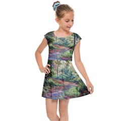 Abstract Forest Green Jungle Psychedelic Art Nature Kids  Cap Sleeve Dress by Wegoenart