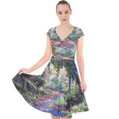 Abstract Forest Green Jungle Psychedelic Art Nature Cap Sleeve Front Wrap Midi Dress by Wegoenart