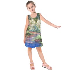 Abstract Forest Green Jungle Psychedelic Art Nature Kids  Sleeveless Dress by Wegoenart