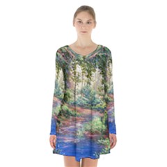 Abstract Forest Green Jungle Psychedelic Art Nature Long Sleeve Velvet V-neck Dress by Wegoenart