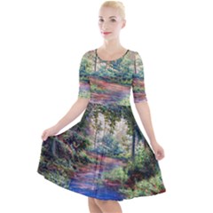 Abstract Forest Green Jungle Psychedelic Art Nature Quarter Sleeve A-line Dress by Wegoenart