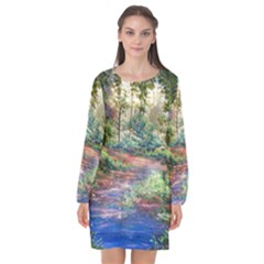 Abstract Forest Green Jungle Psychedelic Art Nature Long Sleeve Chiffon Shift Dress  by Wegoenart