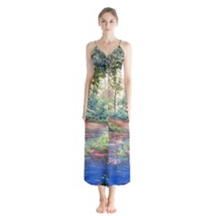 Abstract Forest Green Jungle Psychedelic Art Nature Button Up Chiffon Maxi Dress by Wegoenart