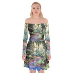 Abstract Forest Green Jungle Psychedelic Art Nature Off Shoulder Skater Dress by Wegoenart