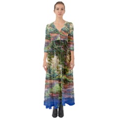 Abstract Forest Green Jungle Psychedelic Art Nature Button Up Boho Maxi Dress by Wegoenart