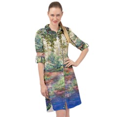 Abstract Forest Green Jungle Psychedelic Art Nature Long Sleeve Mini Shirt Dress by Wegoenart