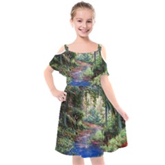 Abstract Forest Green Jungle Psychedelic Art Nature Kids  Cut Out Shoulders Chiffon Dress by Wegoenart