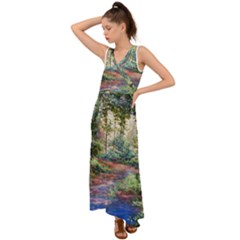 Abstract Forest Green Jungle Psychedelic Art Nature V-neck Chiffon Maxi Dress by Wegoenart