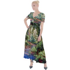 Abstract Forest Green Jungle Psychedelic Art Nature Button Up Short Sleeve Maxi Dress by Wegoenart