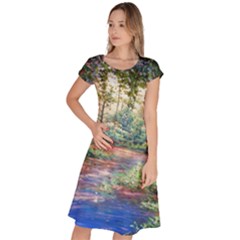 Abstract Forest Green Jungle Psychedelic Art Nature Classic Short Sleeve Dress by Wegoenart