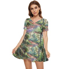 Abstract Forest Green Jungle Psychedelic Art Nature Tiered Short Sleeve Babydoll Dress by Wegoenart