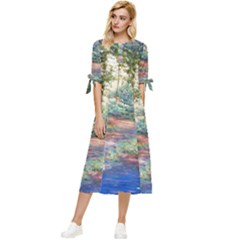 Abstract Forest Green Jungle Psychedelic Art Nature Bow Sleeve Chiffon Midi Dress by Wegoenart