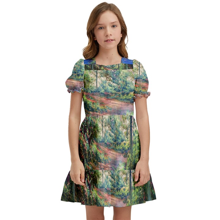 Abstract Forest Green Jungle Psychedelic Art Nature Kids  Puff Sleeved Dress