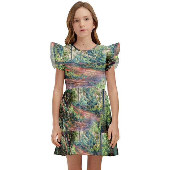 Abstract Forest Green Jungle Psychedelic Art Nature Kids  Winged Sleeve Dress