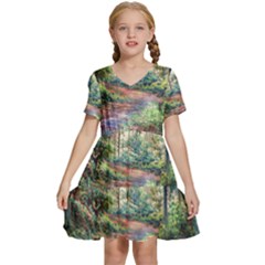 Abstract Forest Green Jungle Psychedelic Art Nature Kids  Short Sleeve Tiered Mini Dress by Wegoenart