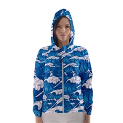 Storm Waves Seamless Pattern Raging Ocean Water Sea Wave Vintage Japanese Storms Print Illustration Women s Hooded Windbreaker