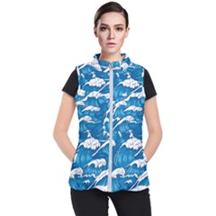 Storm Waves Seamless Pattern Raging Ocean Water Sea Wave Vintage Japanese Storms Print Illustration Women s Puffer Vest