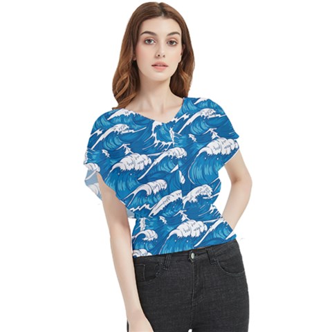 Storm Waves Seamless Pattern Raging Ocean Water Sea Wave Vintage Japanese Storms Print Illustration Butterfly Chiffon Blouse by BangZart