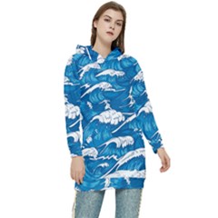 Storm Waves Seamless Pattern Raging Ocean Water Sea Wave Vintage Japanese Storms Print Illustration Women s Long Oversized Pullover Hoodie