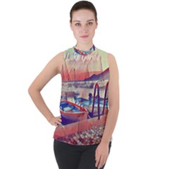 Boats On Lake Garda Mock Neck Chiffon Sleeveless Top by ConteMonfrey