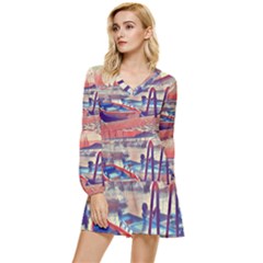 Boats On Lake Garda Tiered Long Sleeve Mini Dress by ConteMonfrey